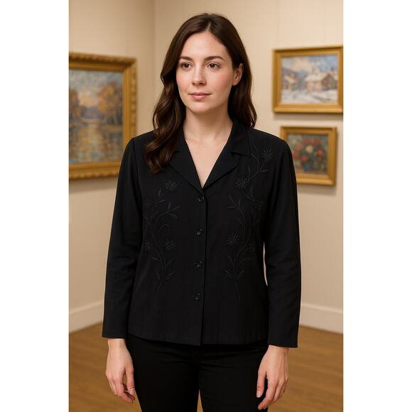 Vintage Action Wear USA Black Tencel Lyocell Embroidered Jacket shacket Medium - Picture 1 of 8